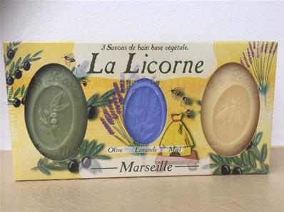 Coffret 3 Savons de Marseille Olive Lavande Miel 450 grs